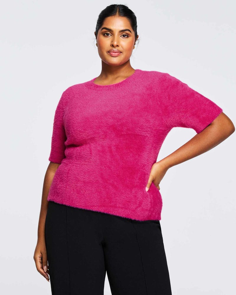 Front of a model wearing a size 24W Nora Knit in Raspberry by Estelle. | dia_product_style_image_id:302179